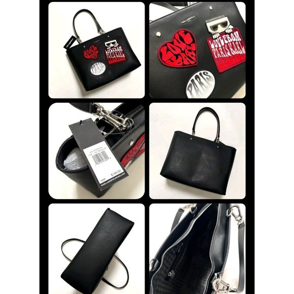 ❤️Karl Lagerfeld Love From Paris Patch Tote Bag Black Heart iconic purse Handbag - Picture 6 of 6